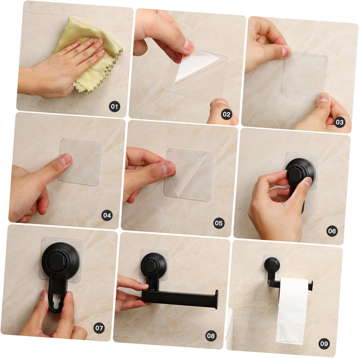 WOONEKY Wall Mounted Toilet Paper Holder Black Suction Cup No Wall Damage