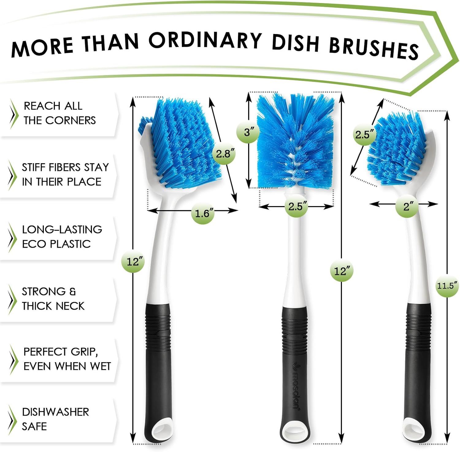 MOSOLAN 3-Piece Dish Brush Set with Scrubber and Water Bottle Brush
