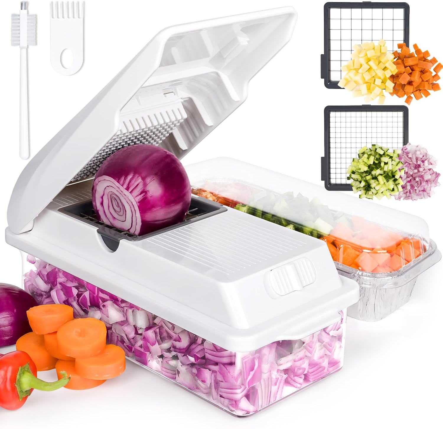 X Home Vegetable Chopper with 2 Blades and 3 Aluminum Pans White