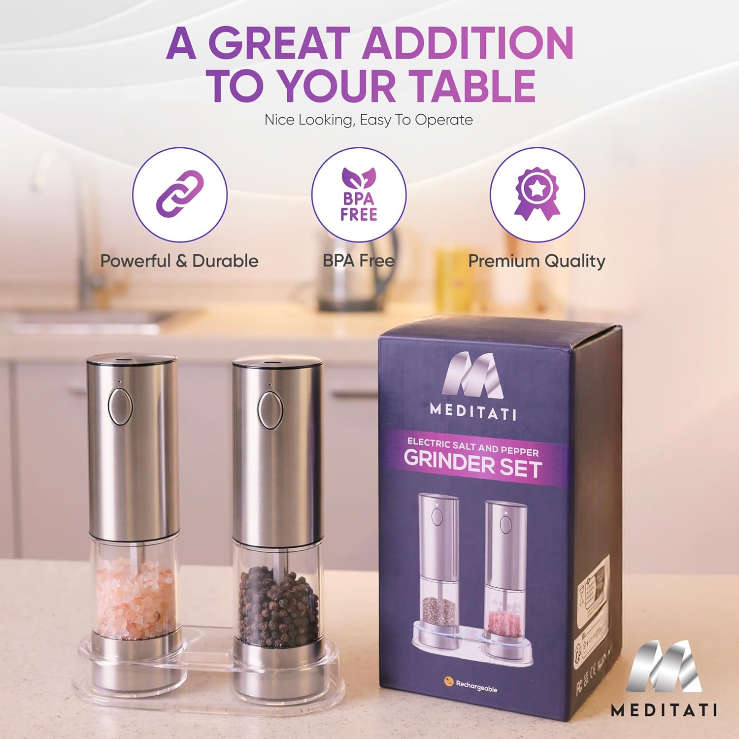 Meditati Rechargeable Salt Pepper Grinder Set - 2Pack with Blue LED Light