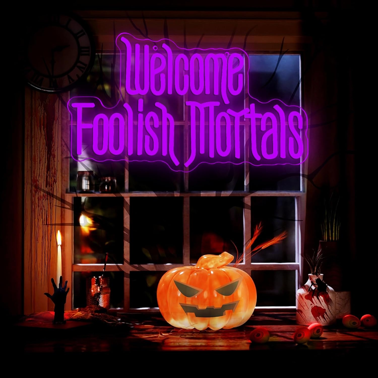 Welcome Foolish Mortals Neon Sign Purple 1