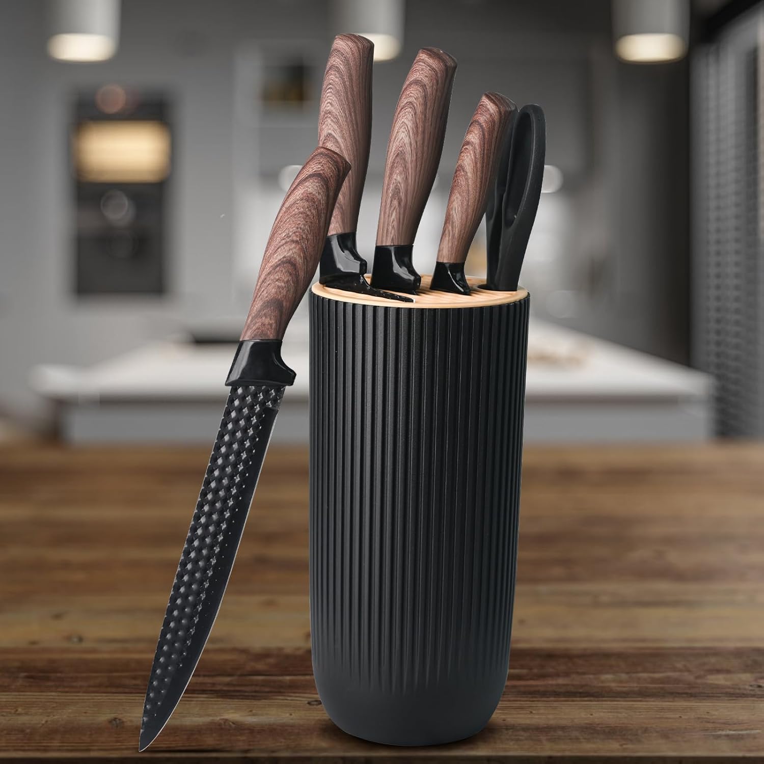 BOBOME 6 Piece Black Kitchen Knife Set with Block