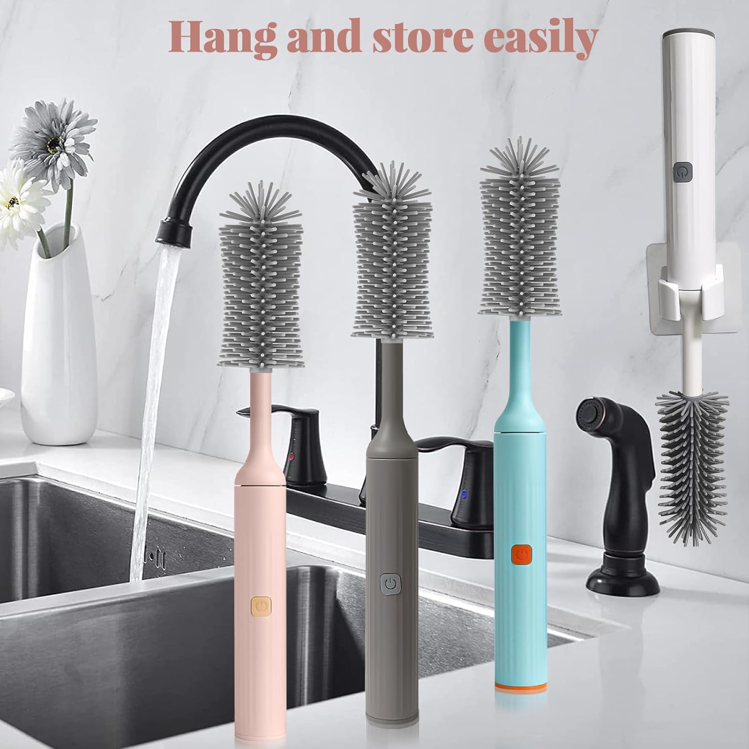 Augensterm Electric Bottle Brush Cleaner with 3 Silicone Brushes and Straw Cleaner - Pink