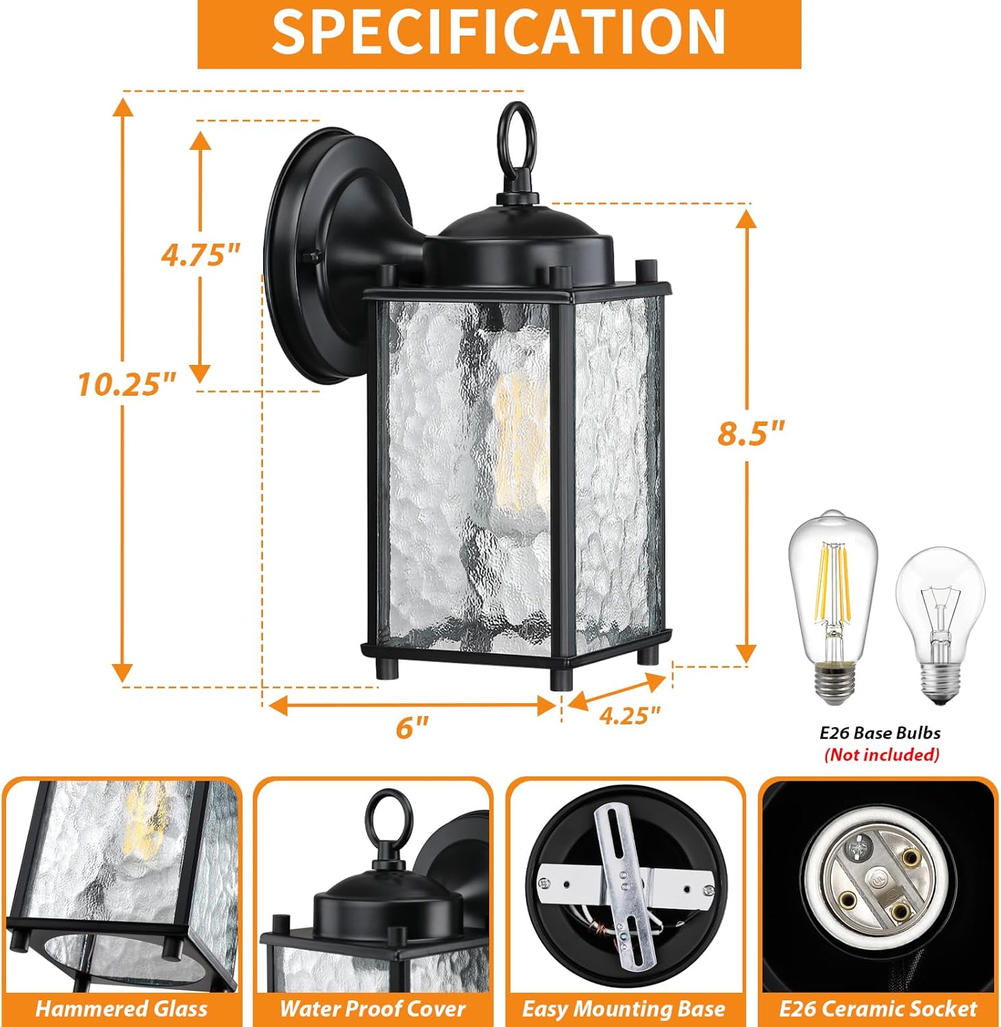Caisens Black Porch Wall Light with Hammered Glass