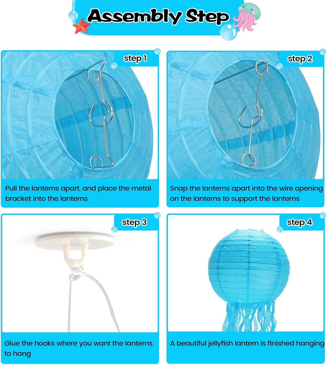 GAILROSO Jellyfish Paper Lanterns 6-Pack Blue 8Inch