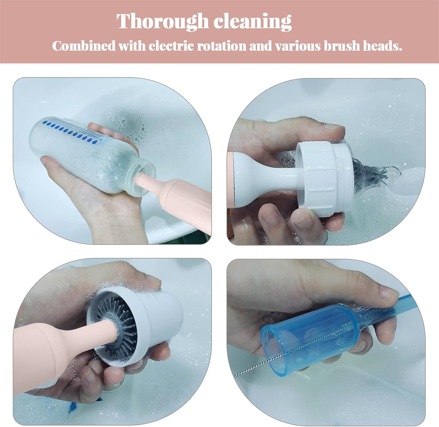 Augensterm Electric Bottle Brush Cleaner with 3 Silicone Brushes and Straw Cleaner - Pink