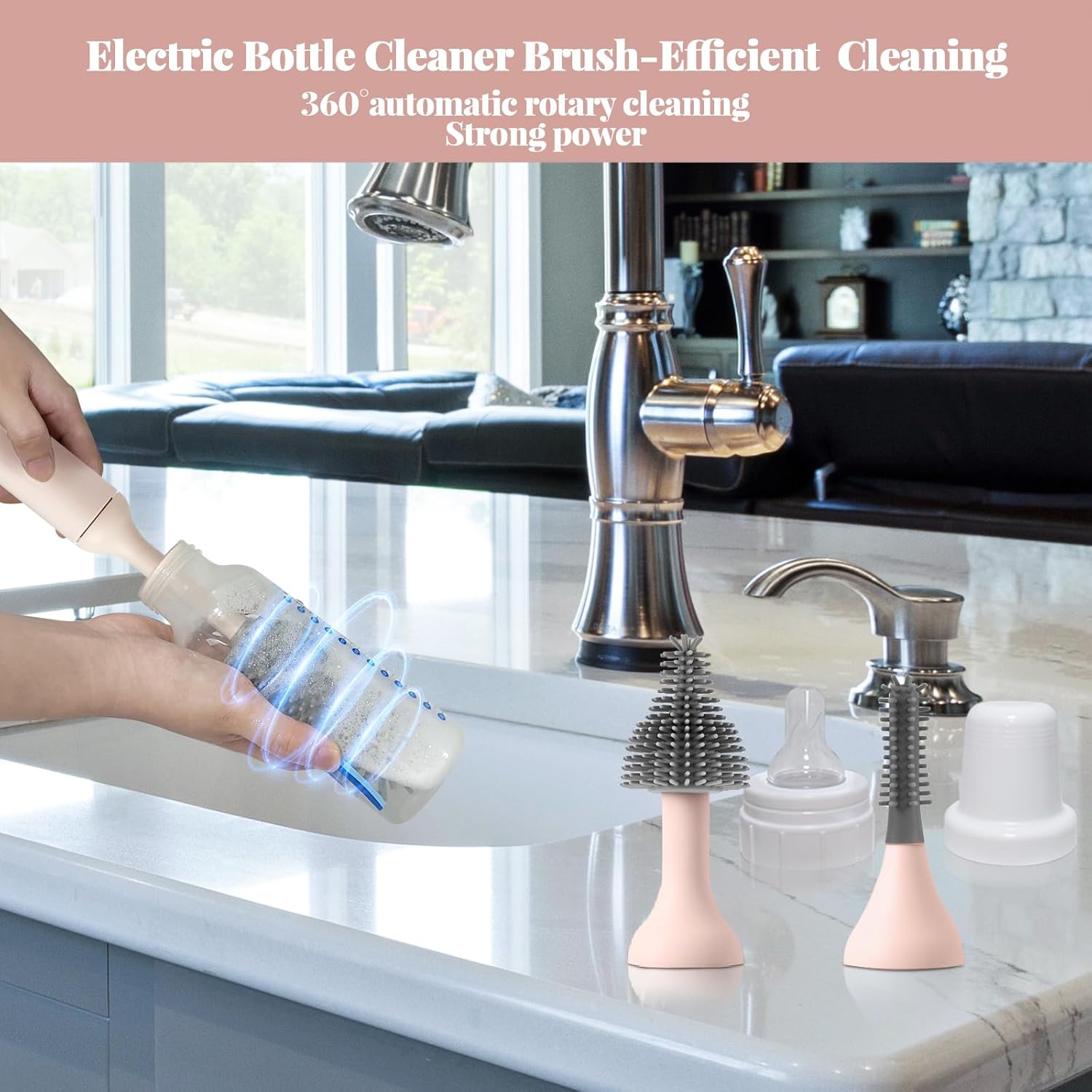 Augensterm Electric Bottle Brush Cleaner with 3 Silicone Brushes and Straw Cleaner - Pink
