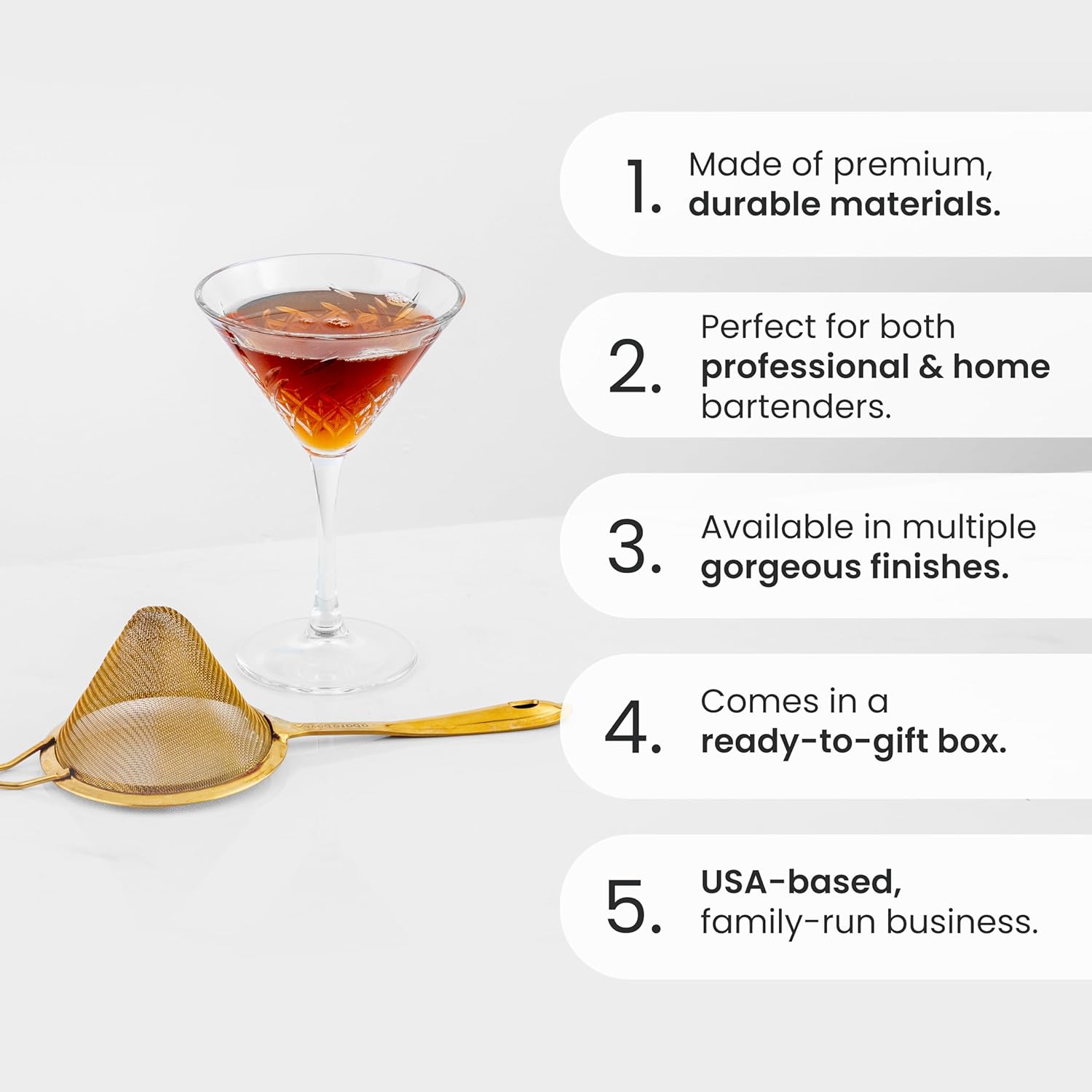A Bar Above Fine Mesh Cocktail Strainer with Gold Finish