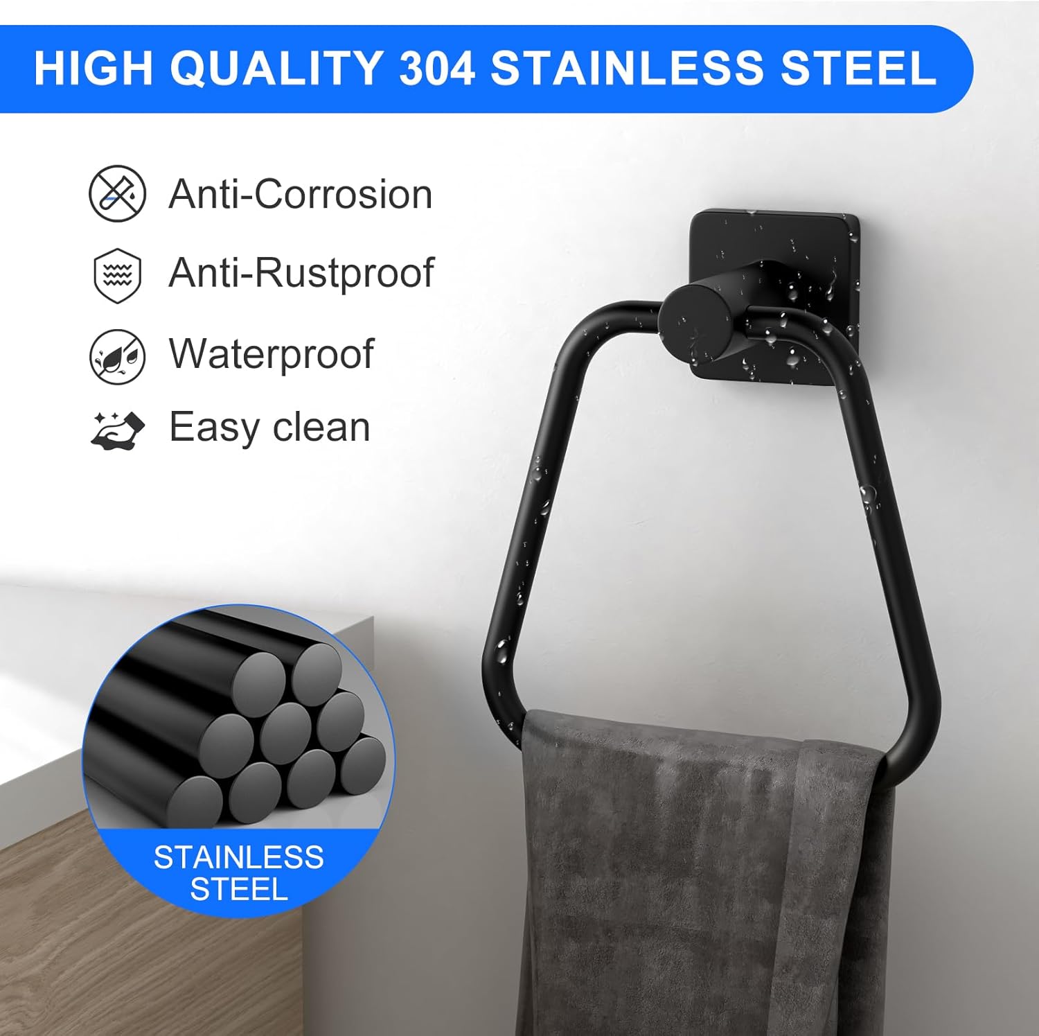 DUKWIN Matte Black Stainless Steel Towel Ring