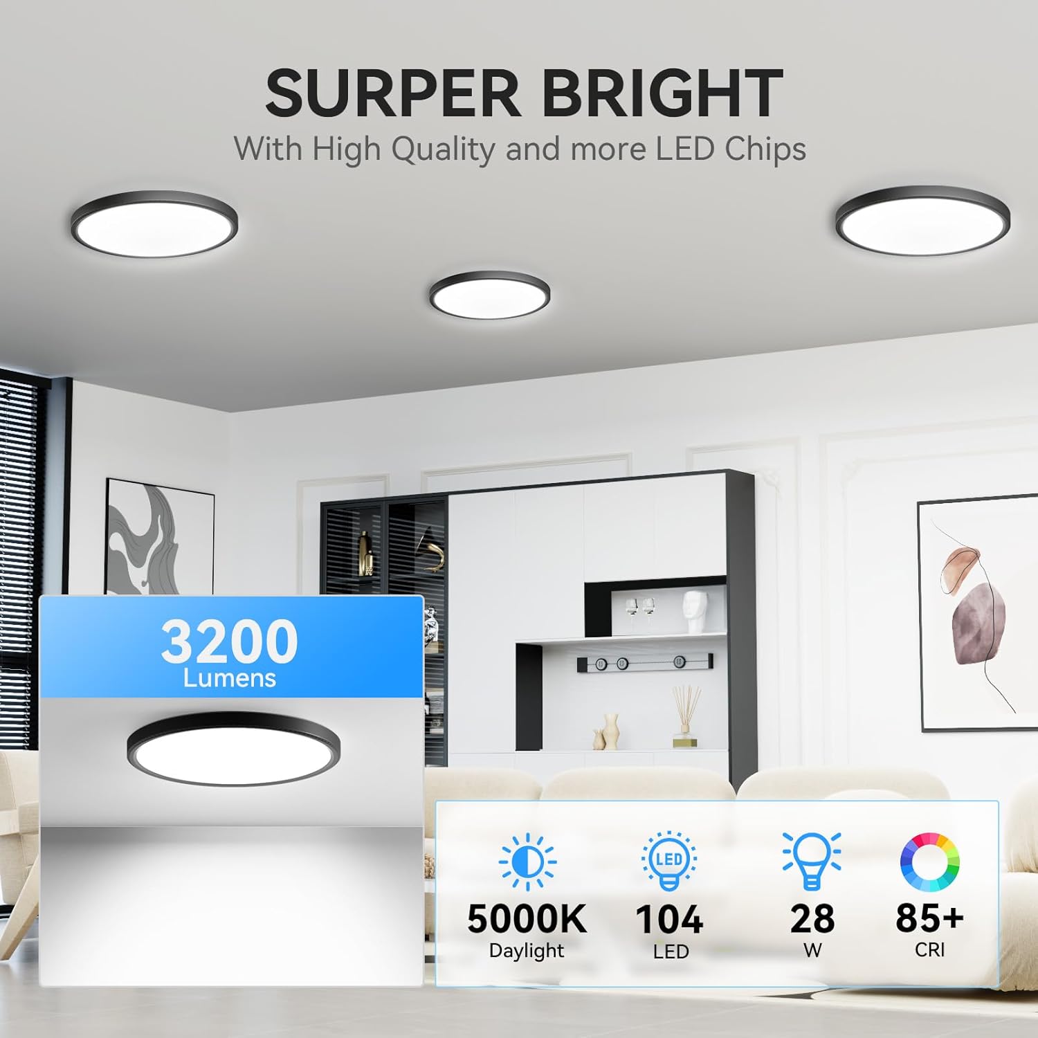 3200lm LED Flush Mount Ceiling Light with 104 SMD Chips 8 Pack - Black