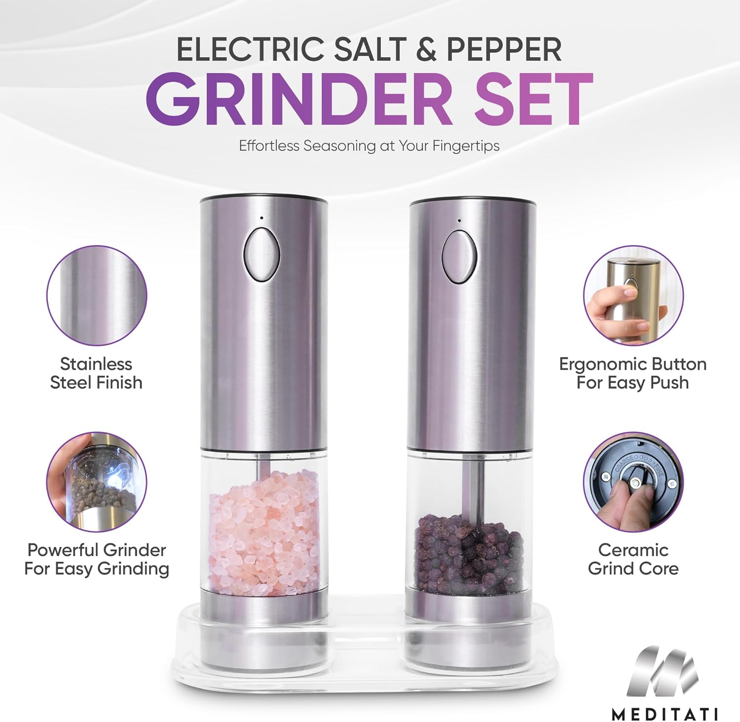Meditati Rechargeable Salt Pepper Grinder Set - 2Pack with Blue LED Light