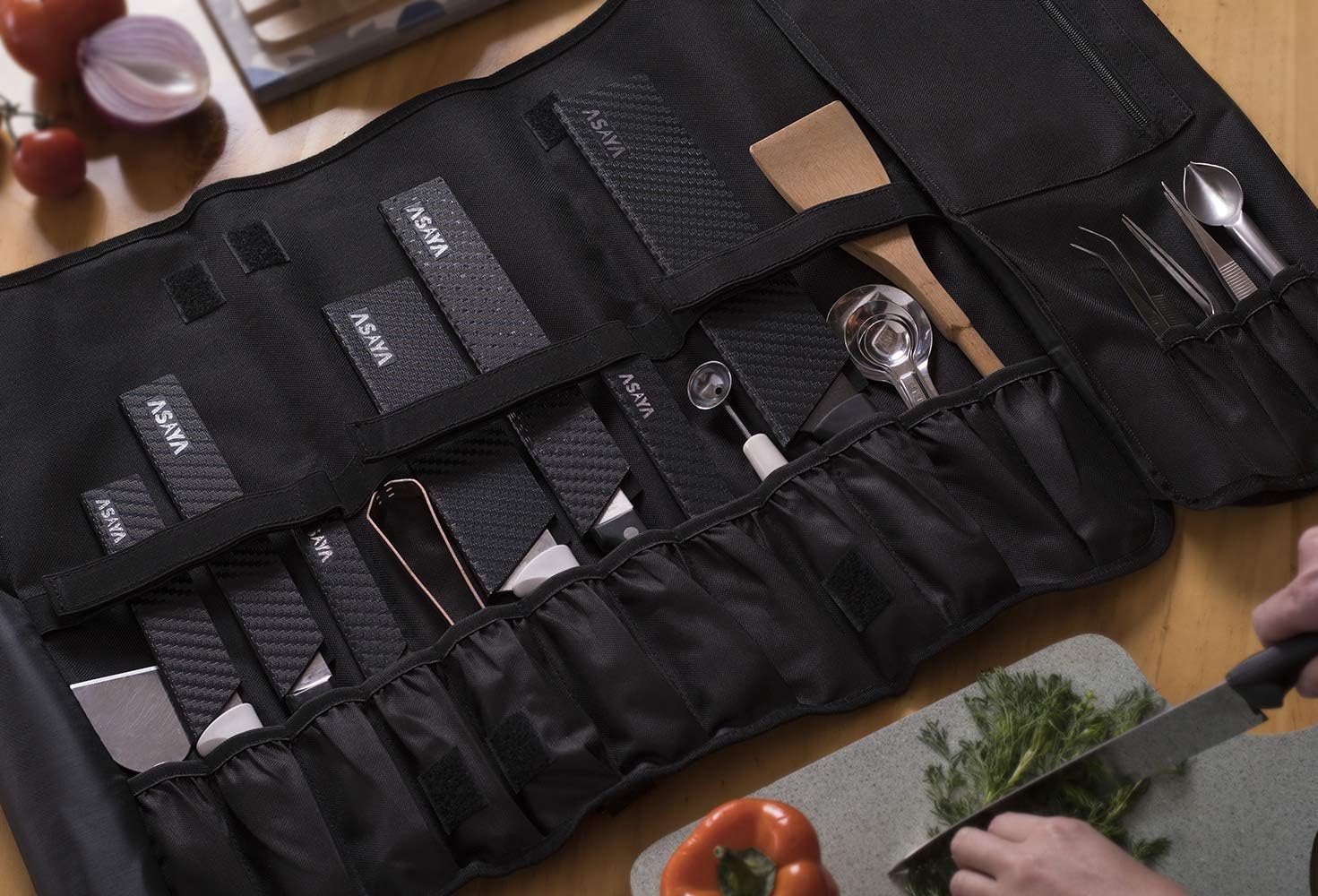 Asaya Chef Knife Roll Bag - 20 Pockets for Knives and Kitchen Utensils