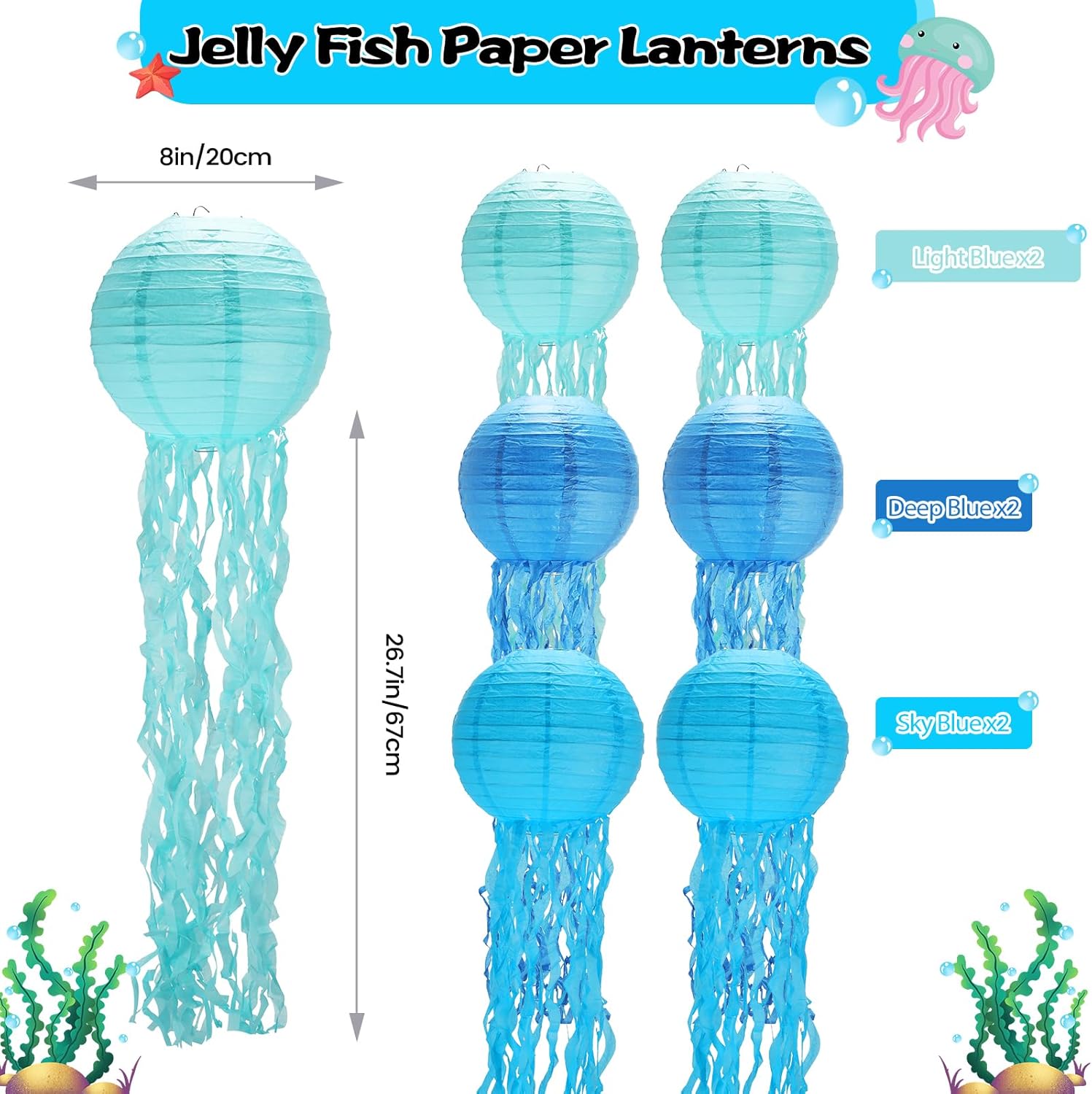 GAILROSO Jellyfish Paper Lanterns 6-Pack Blue 8Inch
