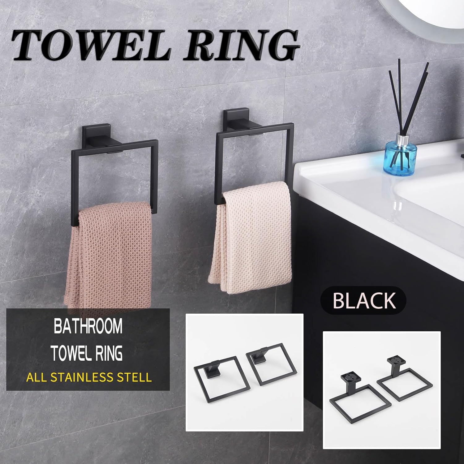 GERZWY Matte Black Towel Ring Wall Mounted