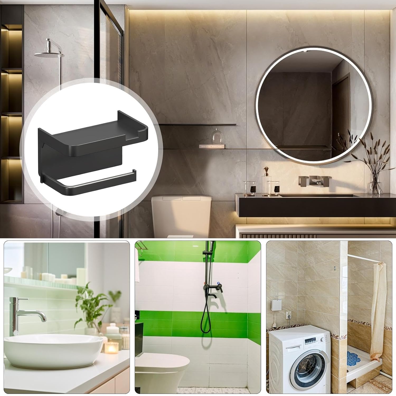 Wall-Mounted Toilet Paper Holder with No Drill Installation