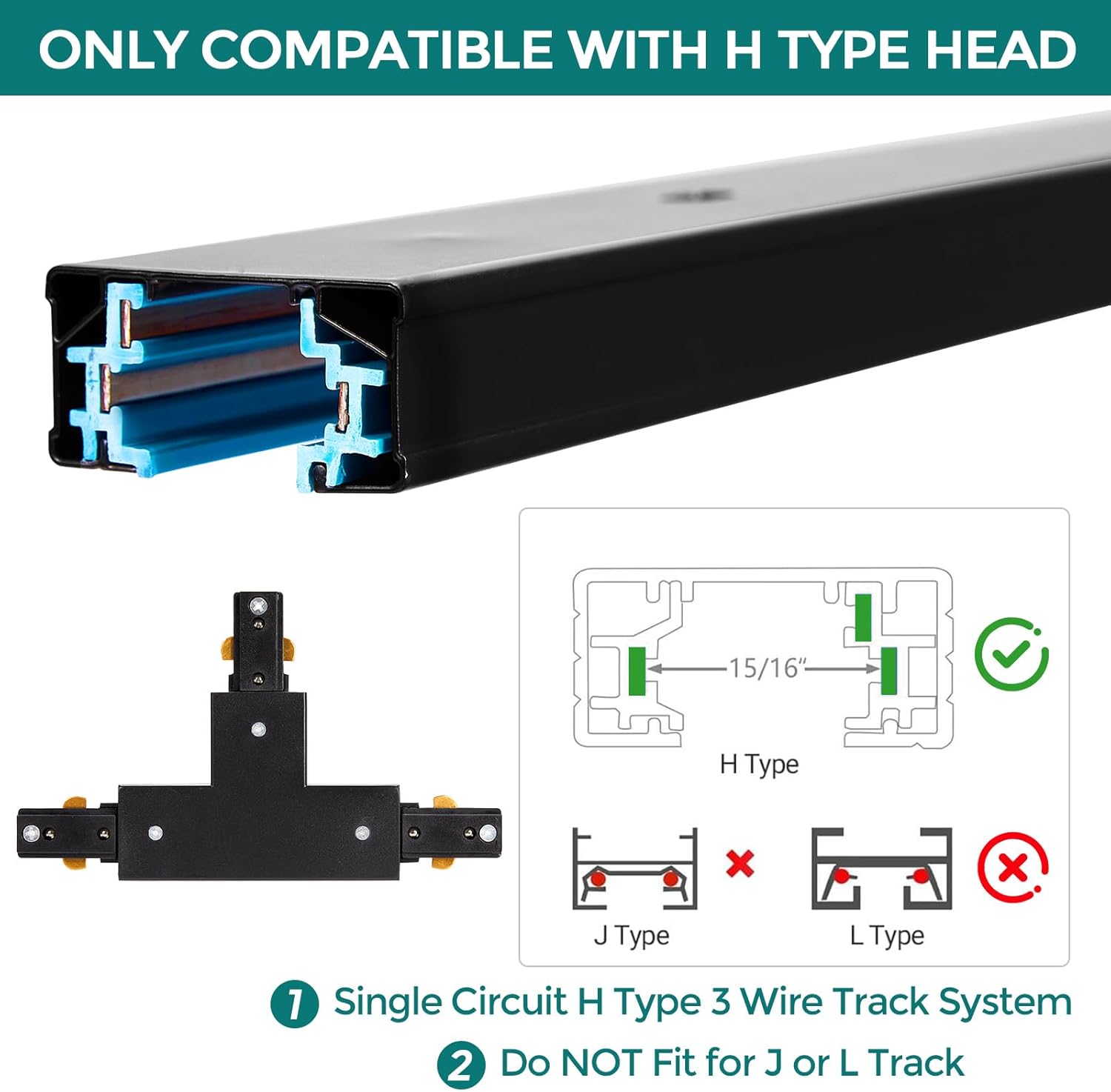 iCreating H Track T Connector - 3 Wire Black Track Lighting Accessory