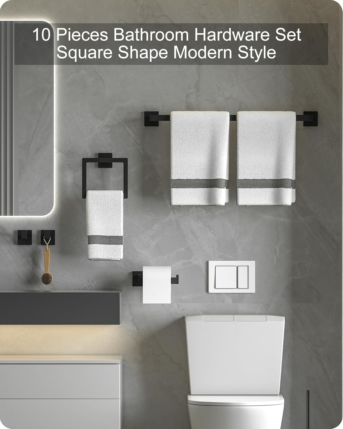 Hinmood Bathroom Hardware Set Square 10 Pieces Matte Black