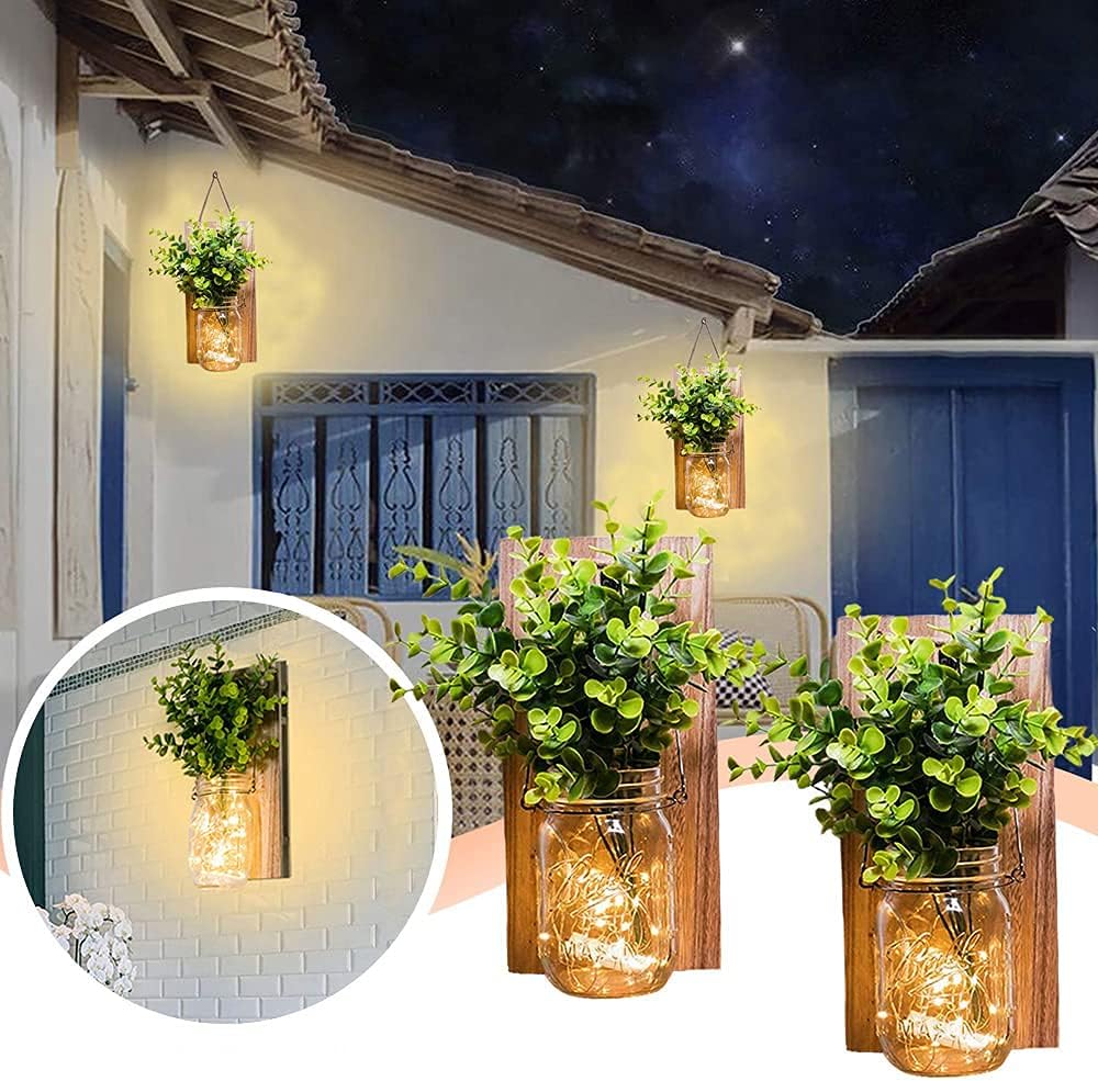 ECTY Rustic Wall Sconces with Mason Jars and LED Lights 2 Pack