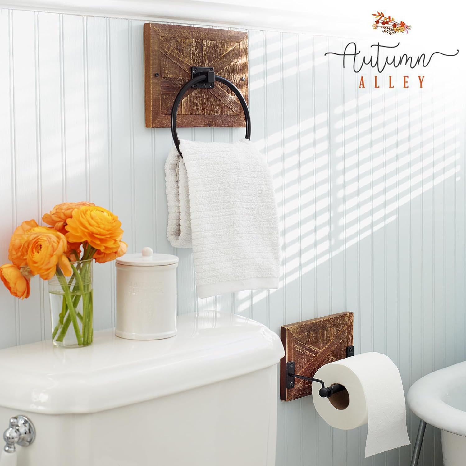 Autumn Alley Farmhouse Towel Ring - Barn Wood Matte Black Design