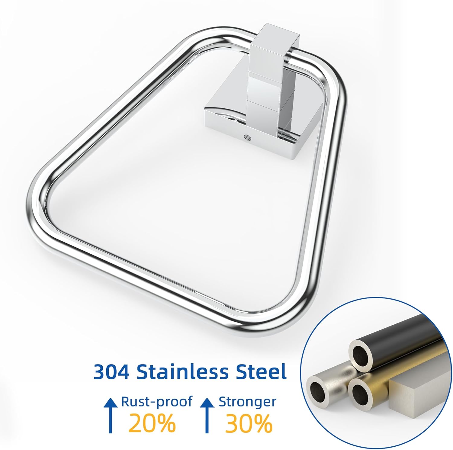 RUACQ Chrome Stainless Steel Towel Ring with Square Base