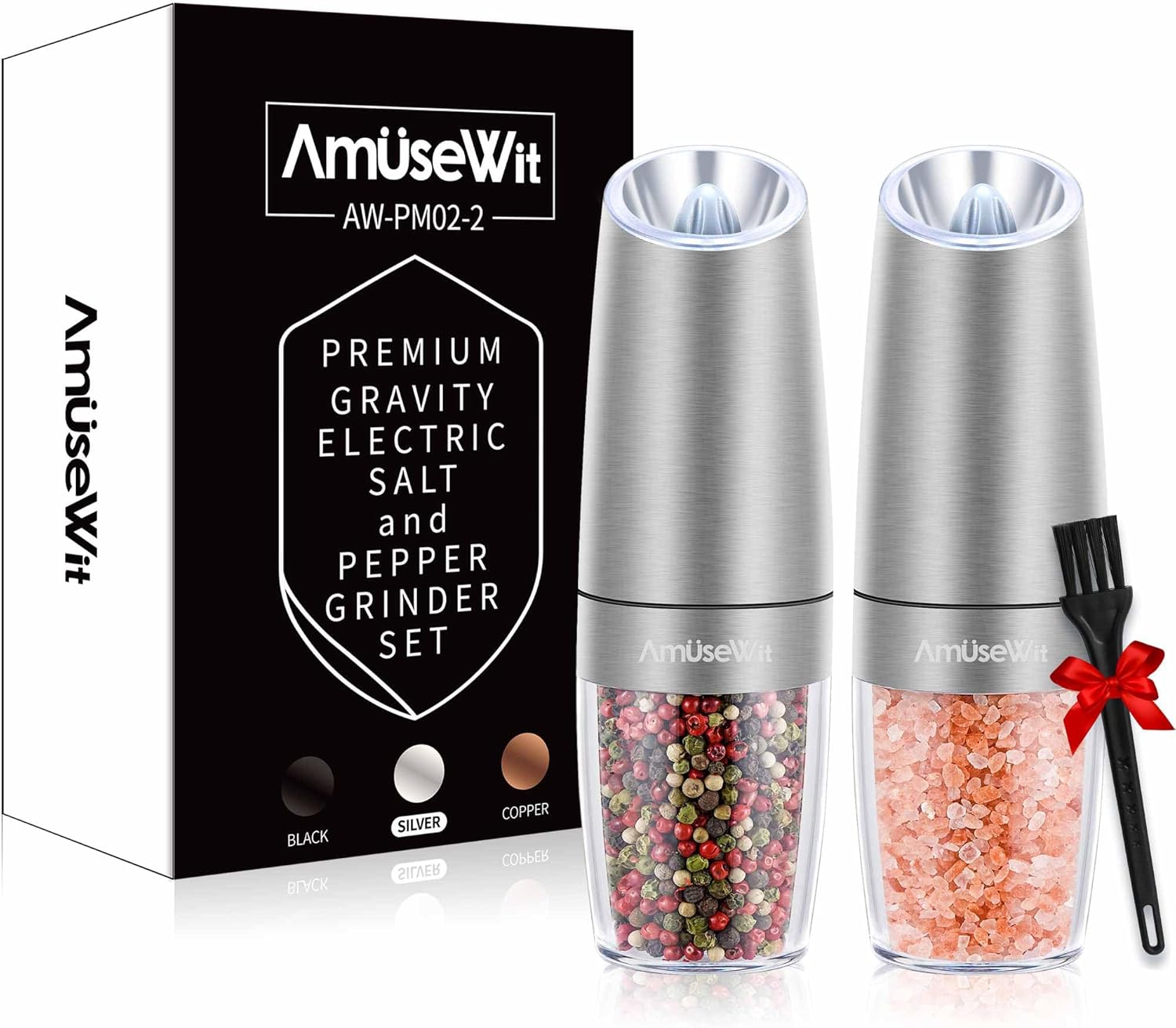 AmuseWit Gravity Electric Salt Pepper Grinder Set White Light