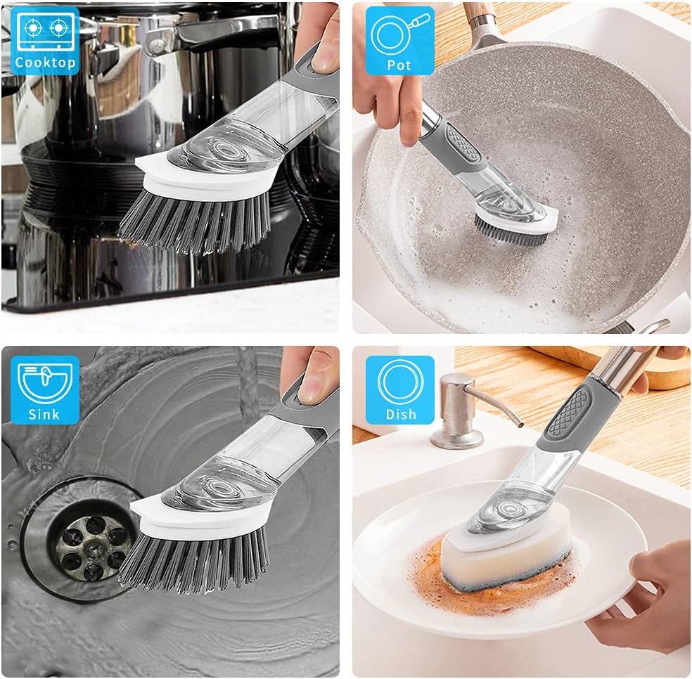 4-in-1 Dish Brush with Soap Dispenser and Holder - Grey 1