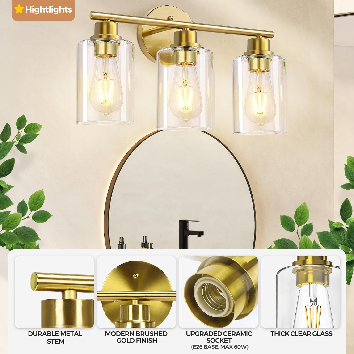 CRIRY 3-Light Brushed Gold Vanity Light Fixtures Over Mirror