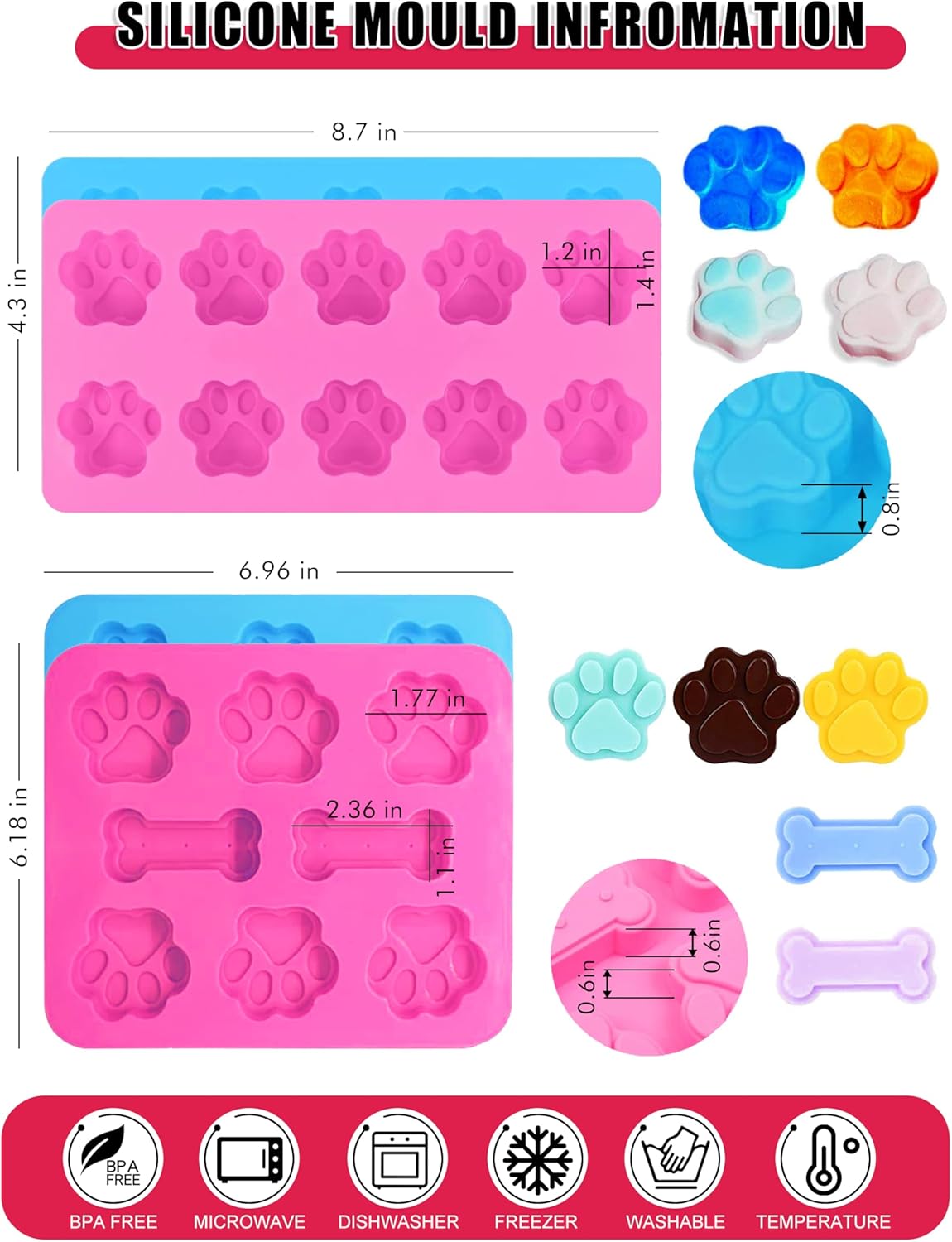Silicone Dog Treat Molds with Recipe Cards - Set of 15