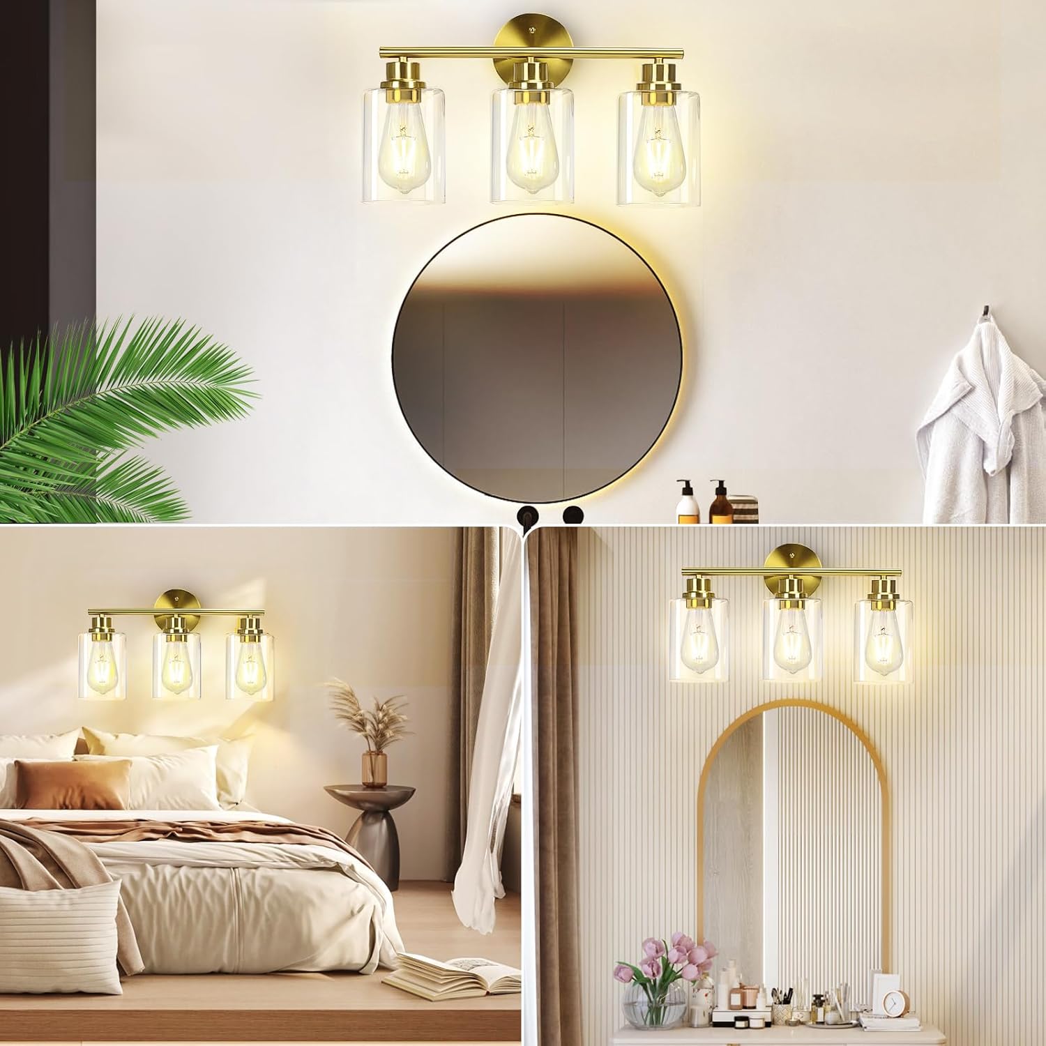 CRIRY 3-Light Brushed Gold Vanity Light Fixtures Over Mirror