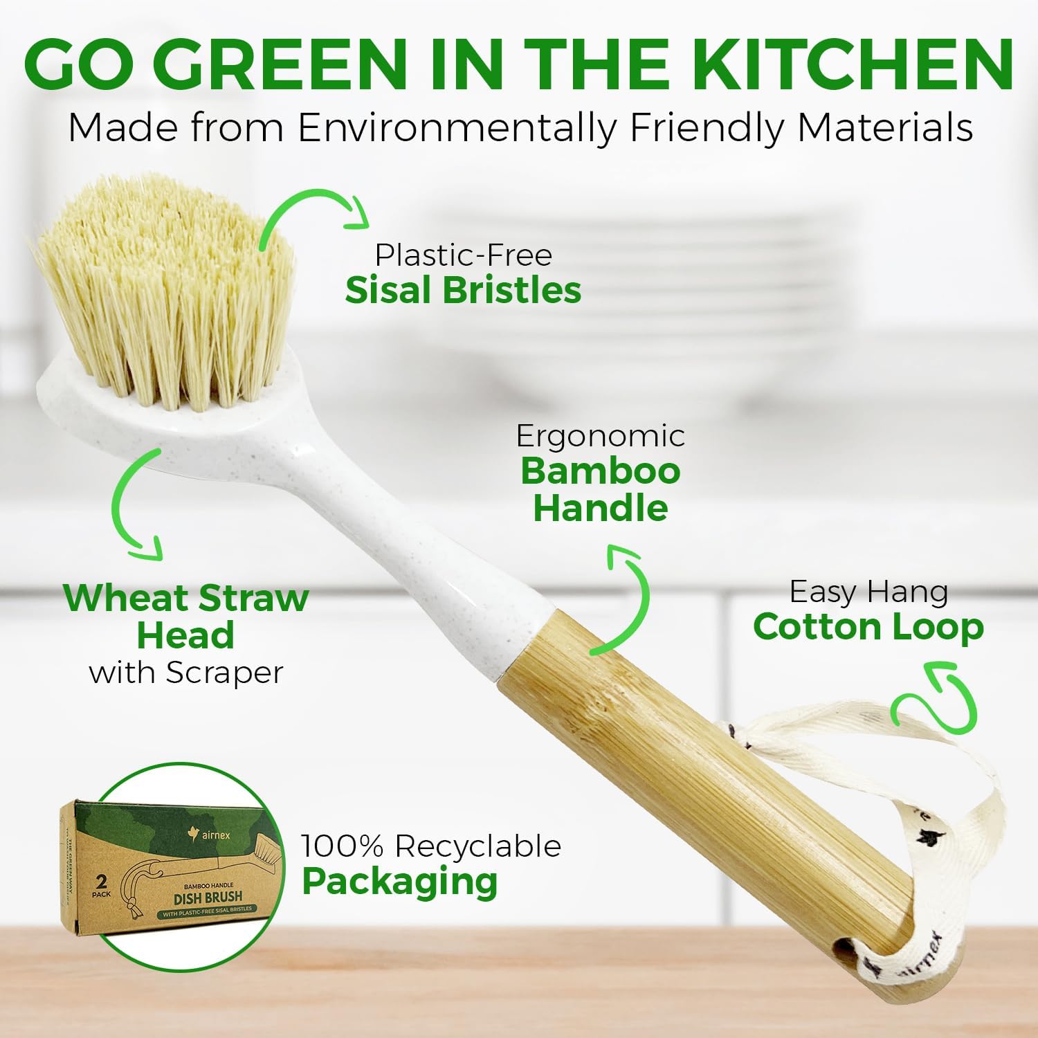 AIRNEX Bamboo Handle Dish Brush Set - 2 Pack