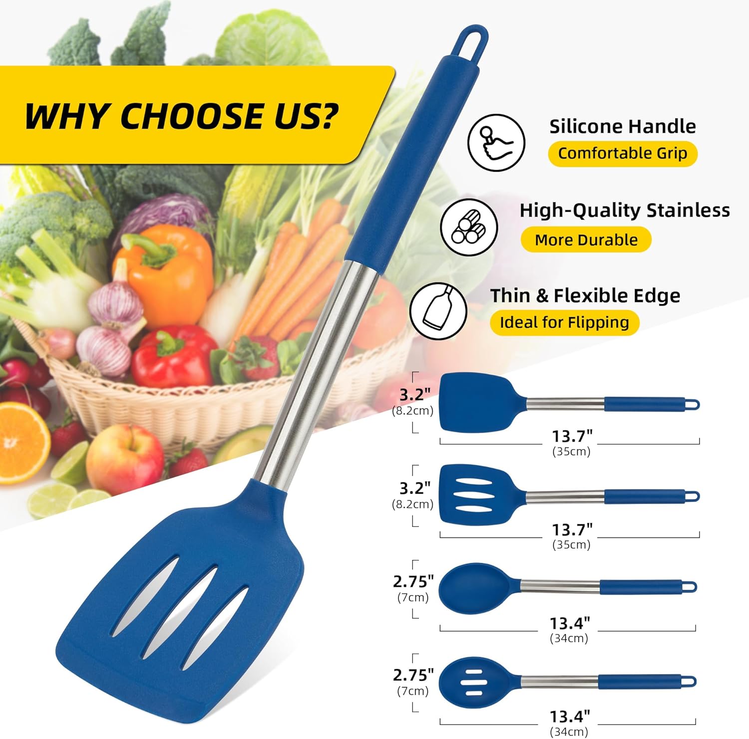 4 Pack Silicone Utensils Set with Stainless Steel Handles