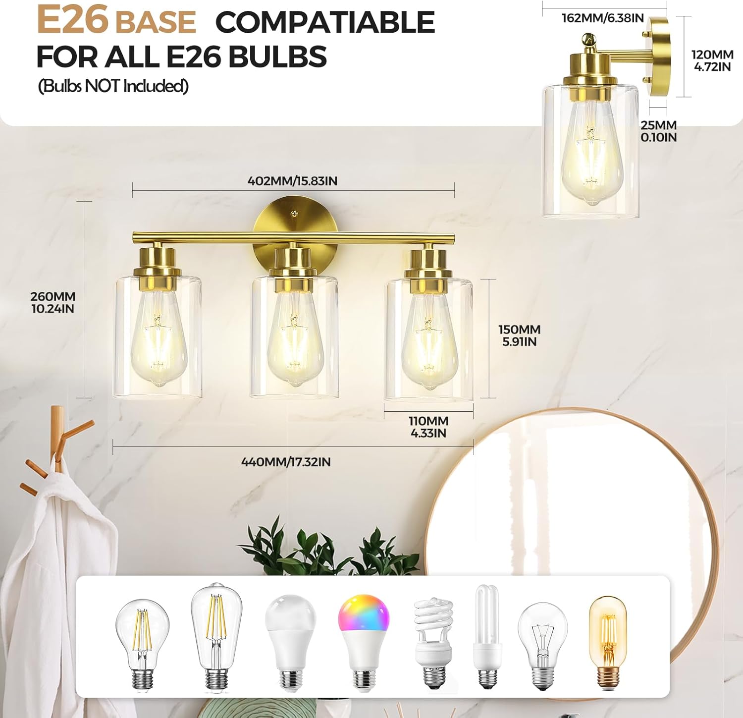 CRIRY 3-Light Brushed Gold Vanity Light Fixtures Over Mirror