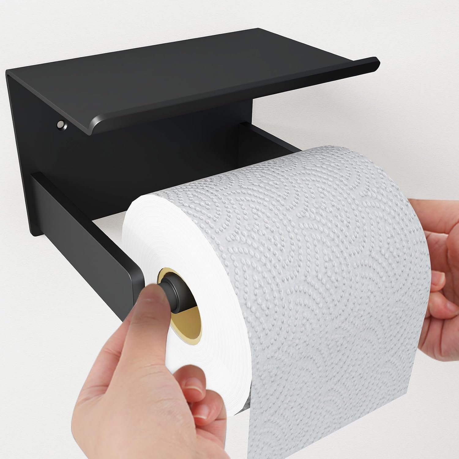 Bethom Toilet Paper Holder with Shelf Matte Black Double Post Design