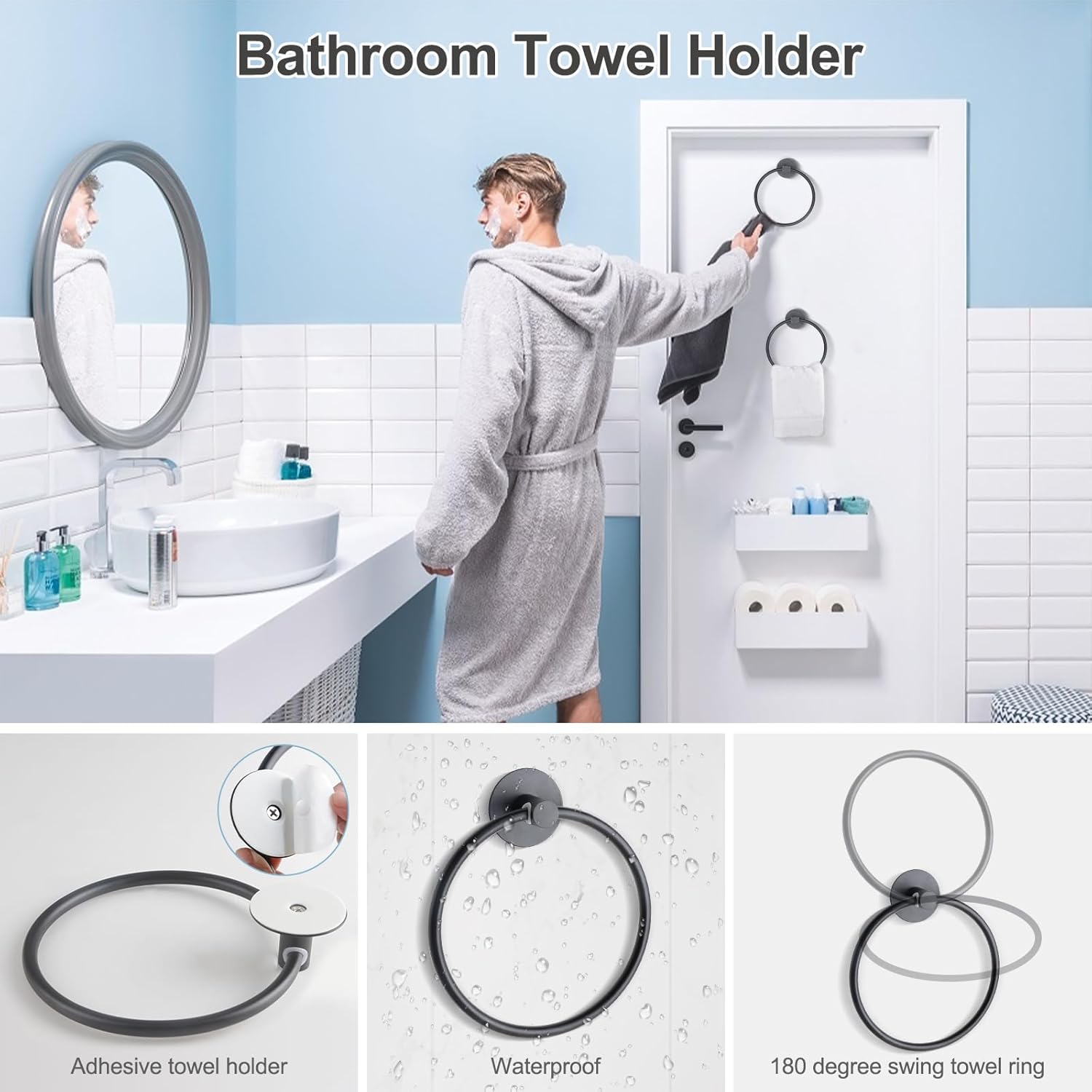 Fashionclubs 2pcs Matte Black Towel Ring Holder 1