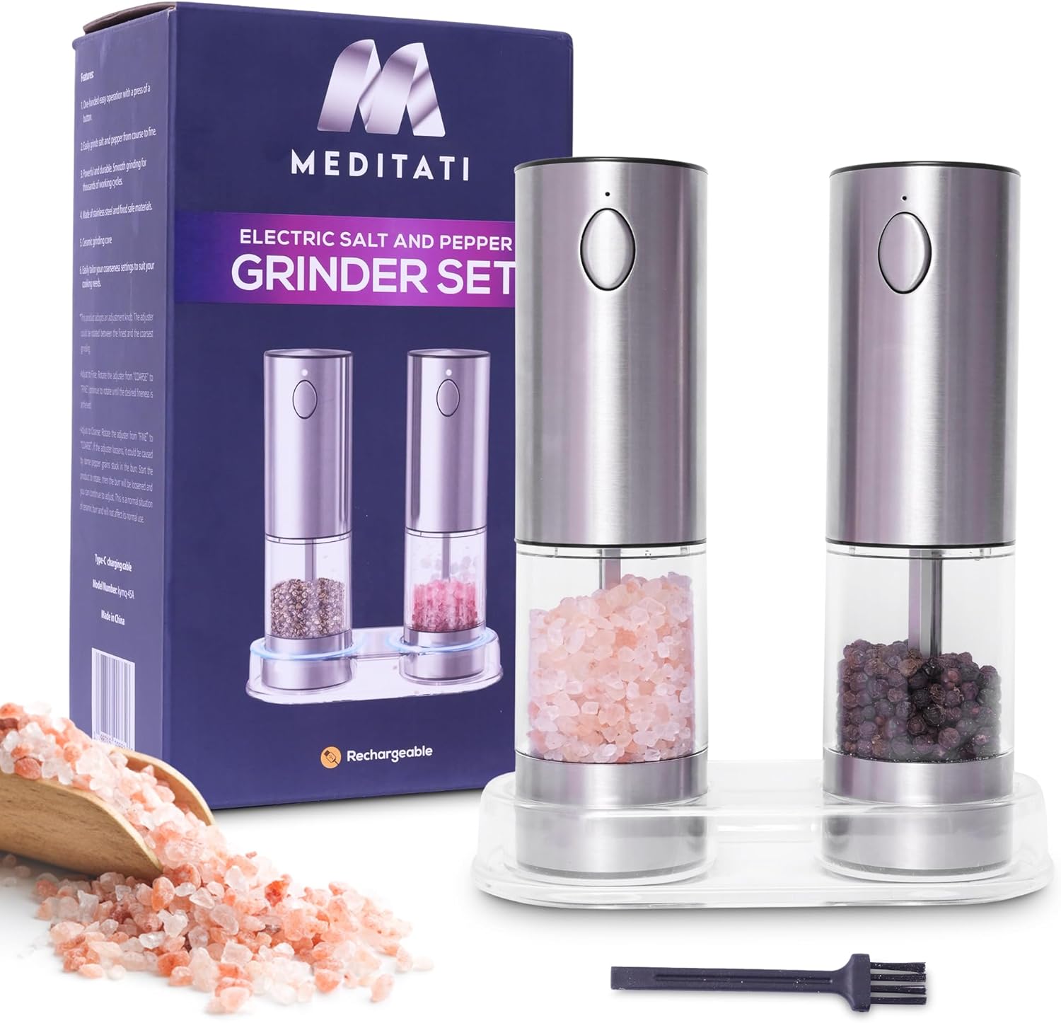 Meditati Rechargeable Salt Pepper Grinder Set - 2Pack with Blue LED Light