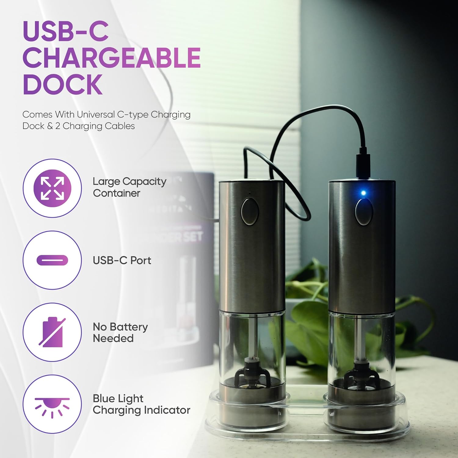 Meditati Rechargeable Salt Pepper Grinder Set - 2Pack with Blue LED Light