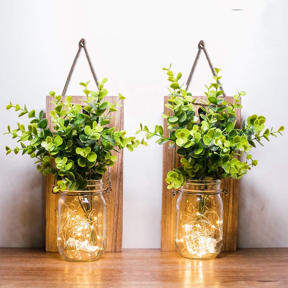 ECTY Rustic Wall Sconces with Mason Jars and LED Lights 2 Pack