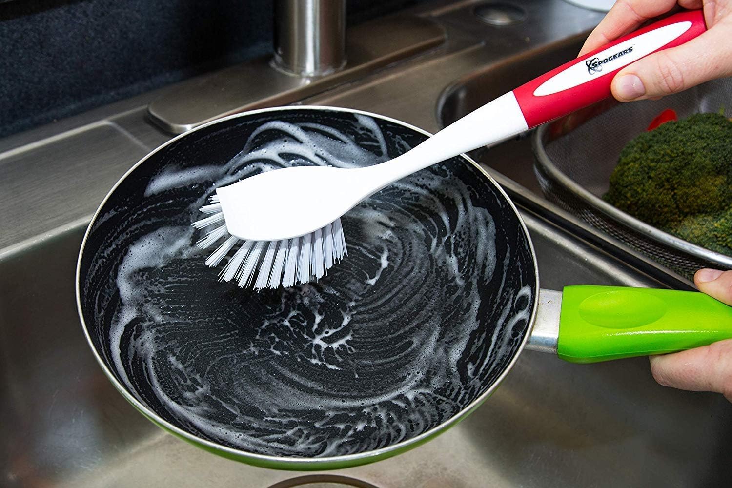 SPOGEARS 3 Pack Dish Scrubber with Scraper and Grip Handle