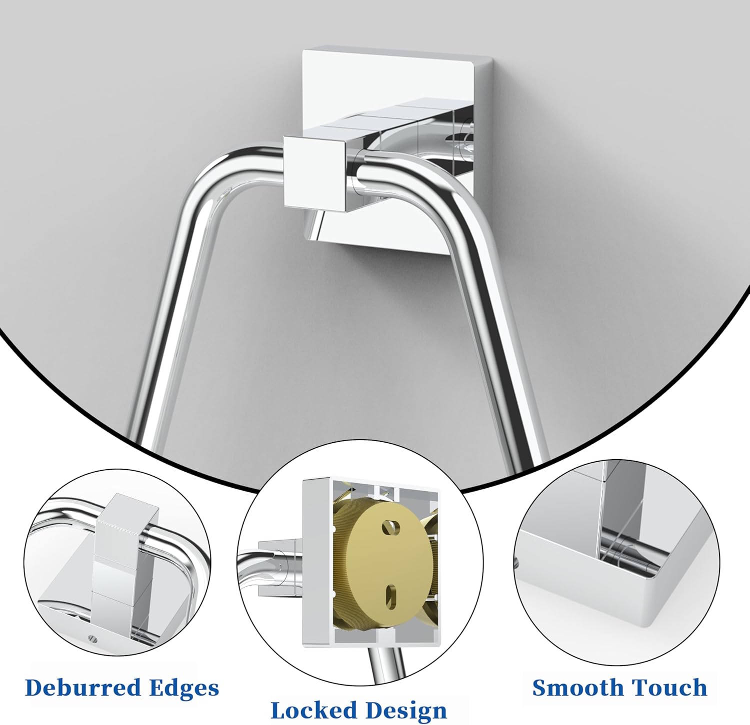 RUACQ Chrome Stainless Steel Towel Ring with Square Base