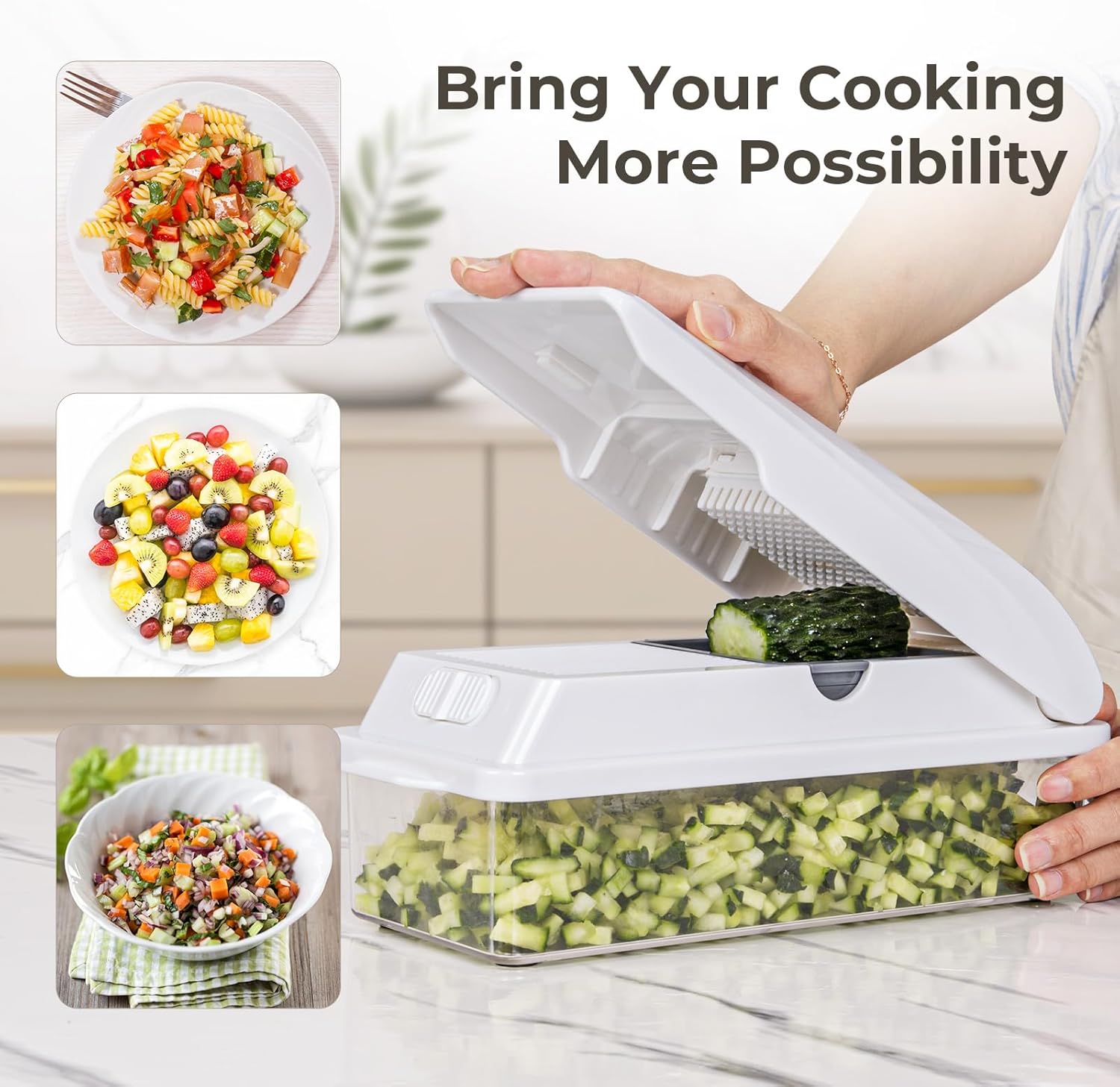X Home Vegetable Chopper with 2 Blades and 3 Aluminum Pans White