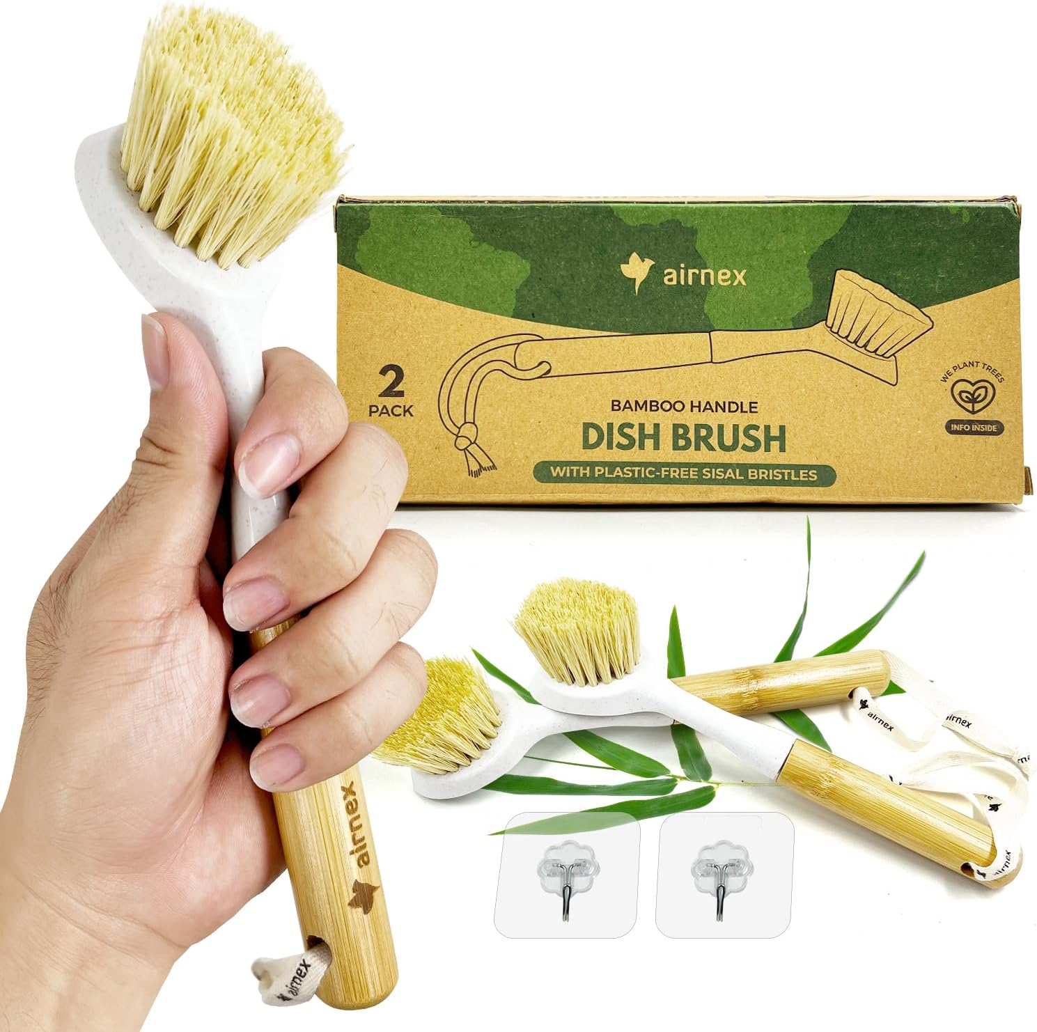 AIRNEX Bamboo Handle Dish Brush Set - 2 Pack
