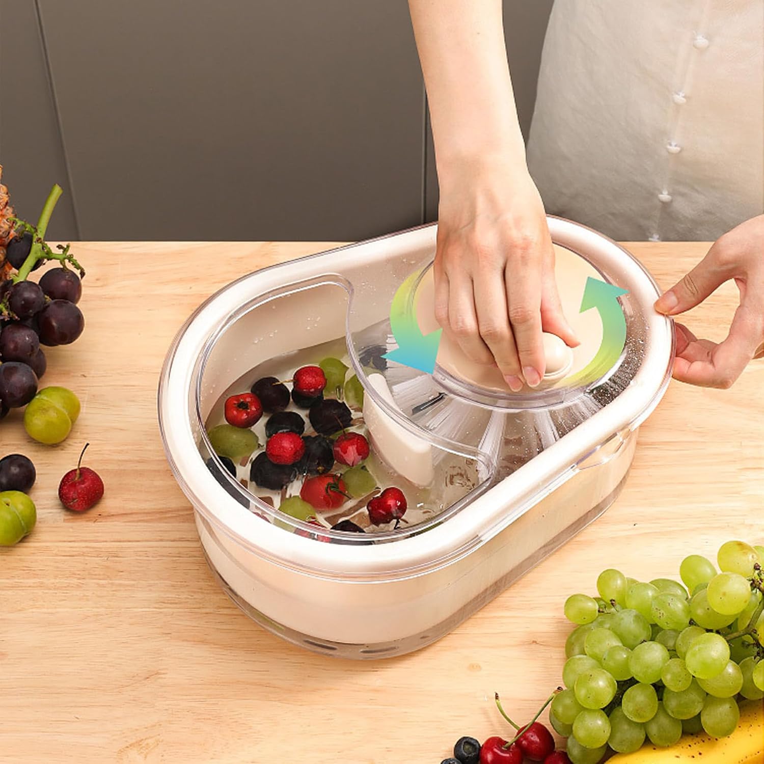 Fruit Washer Spinner Bowl with Brush Large Capacity Green