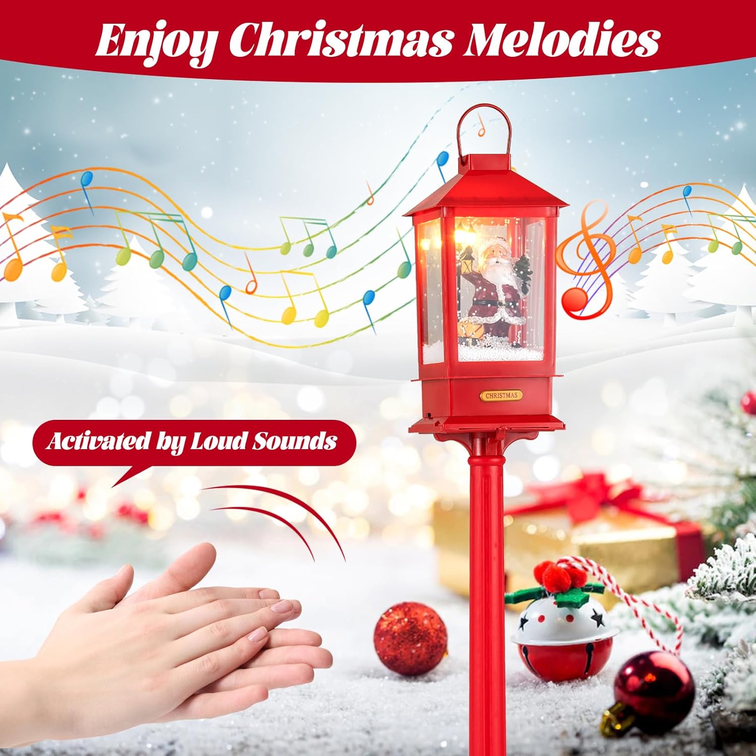 Sound-Activated Christmas Streetlamp with LED Lights and Santa Scene