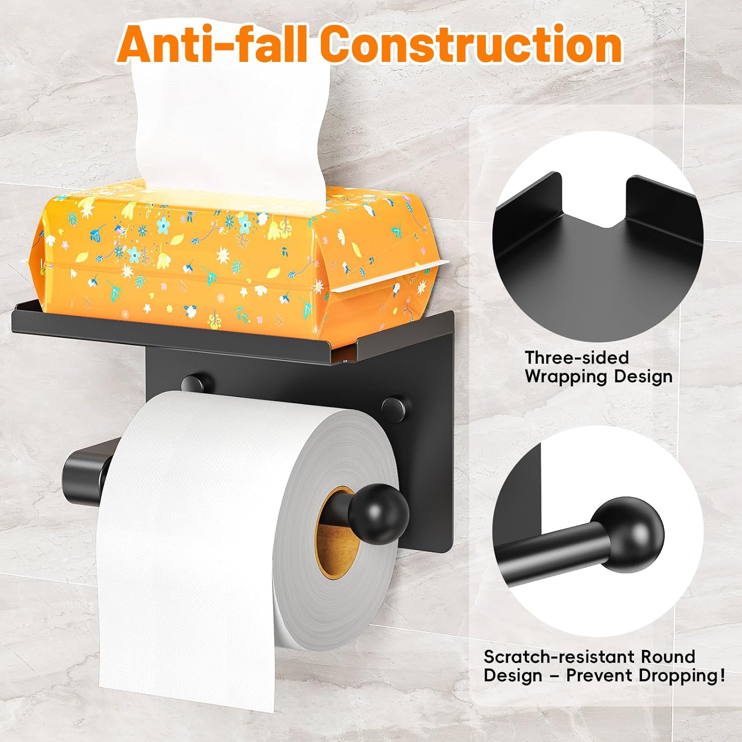 StackTastic Metal Toilet Paper Holder - Wall Mount Rustproof Black