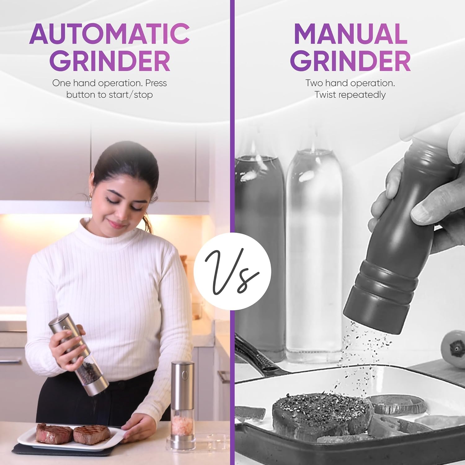 Meditati Rechargeable Salt Pepper Grinder Set - 2Pack with Blue LED Light