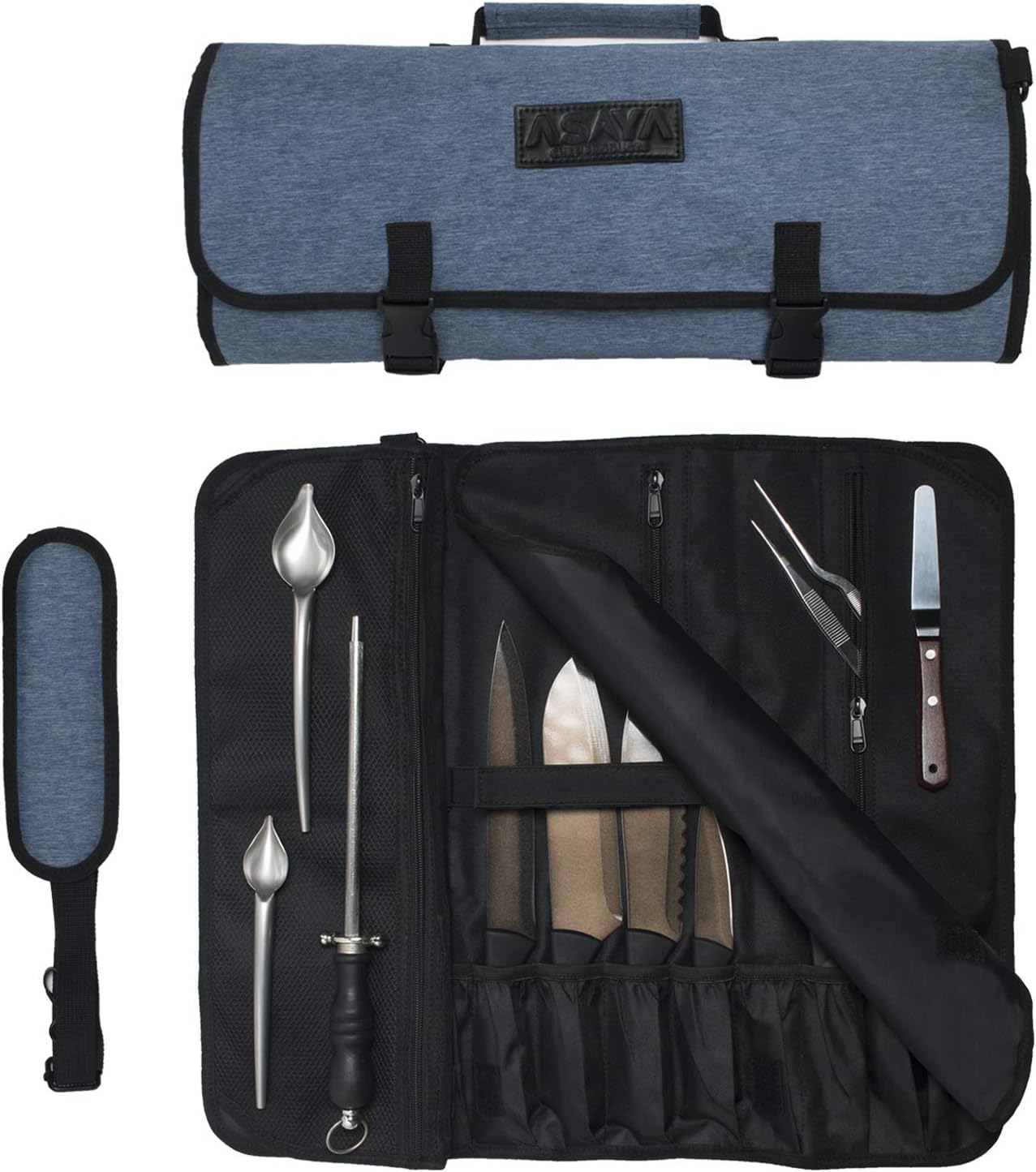 Asaya Chef Knife Roll Bag - 20 Pockets for Knives and Kitchen Utensils
