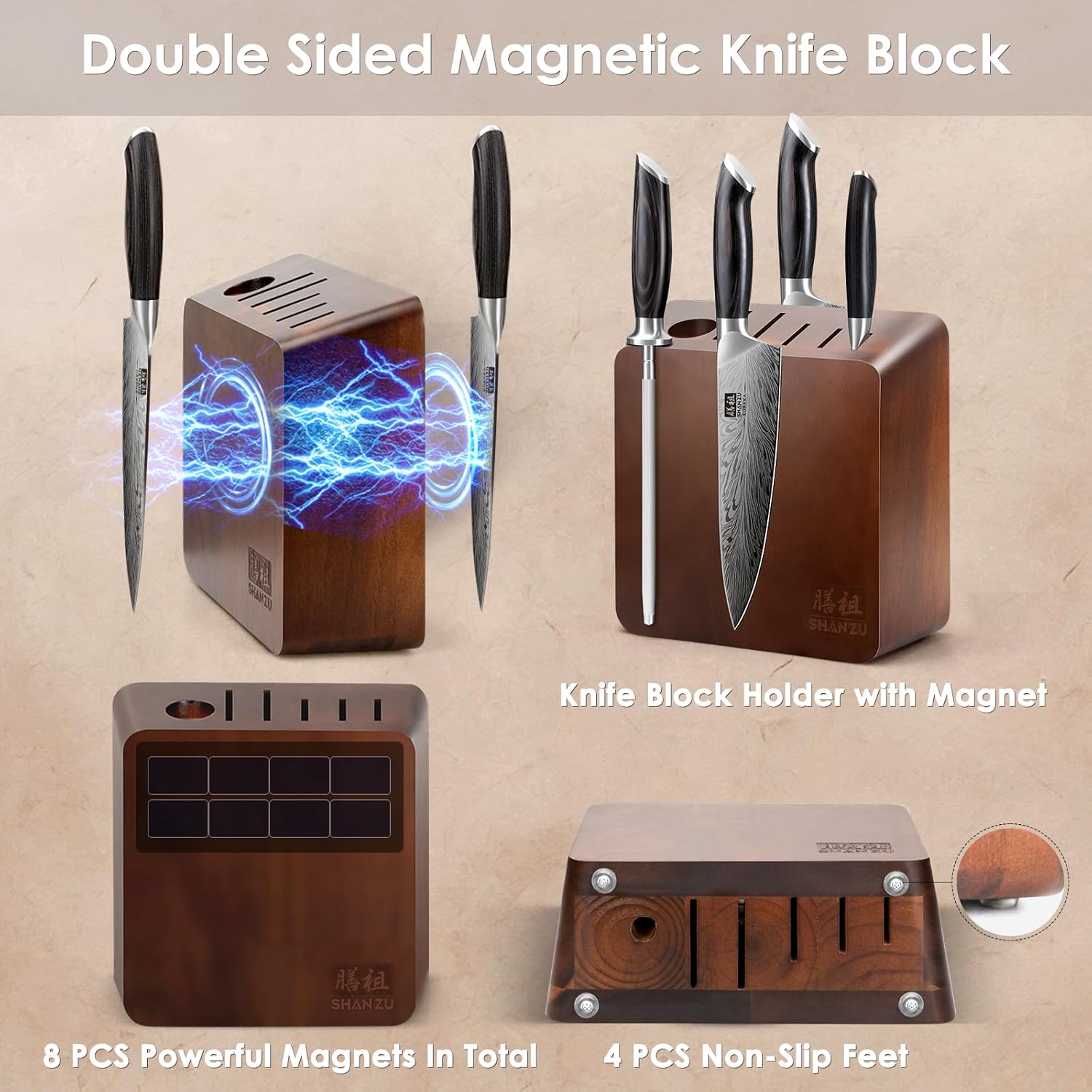 SHAN ZU Magnetic Knife Block with 8 Pcs Strong Magnets