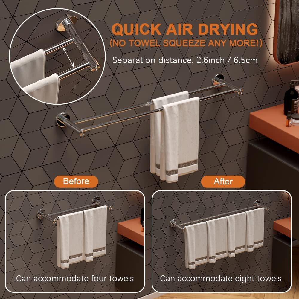 Adjustable Double Towel Bar 16-276 Inch with Hooks