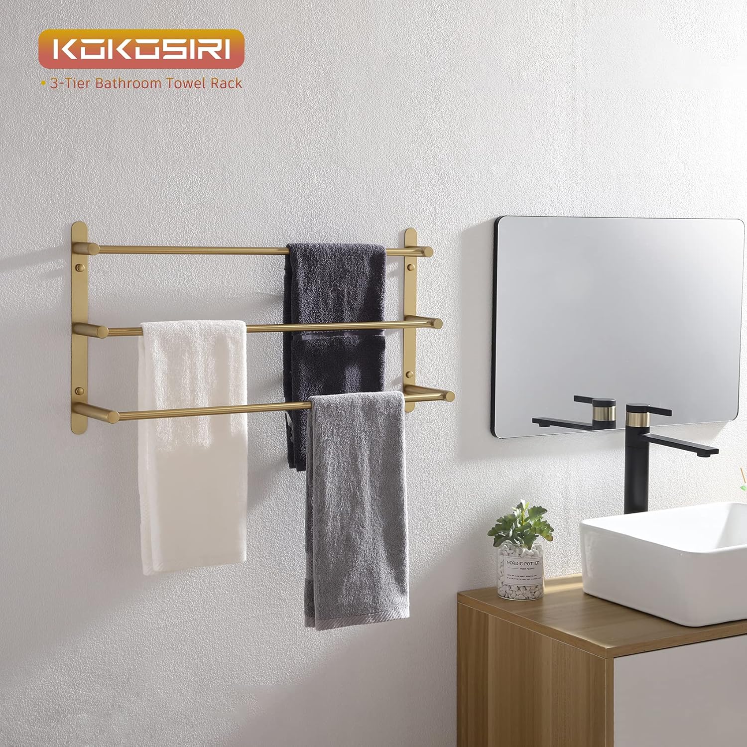 KOKOSIRI 3-Tier Stainless Steel Towel Bar with Brushed Gold Finish