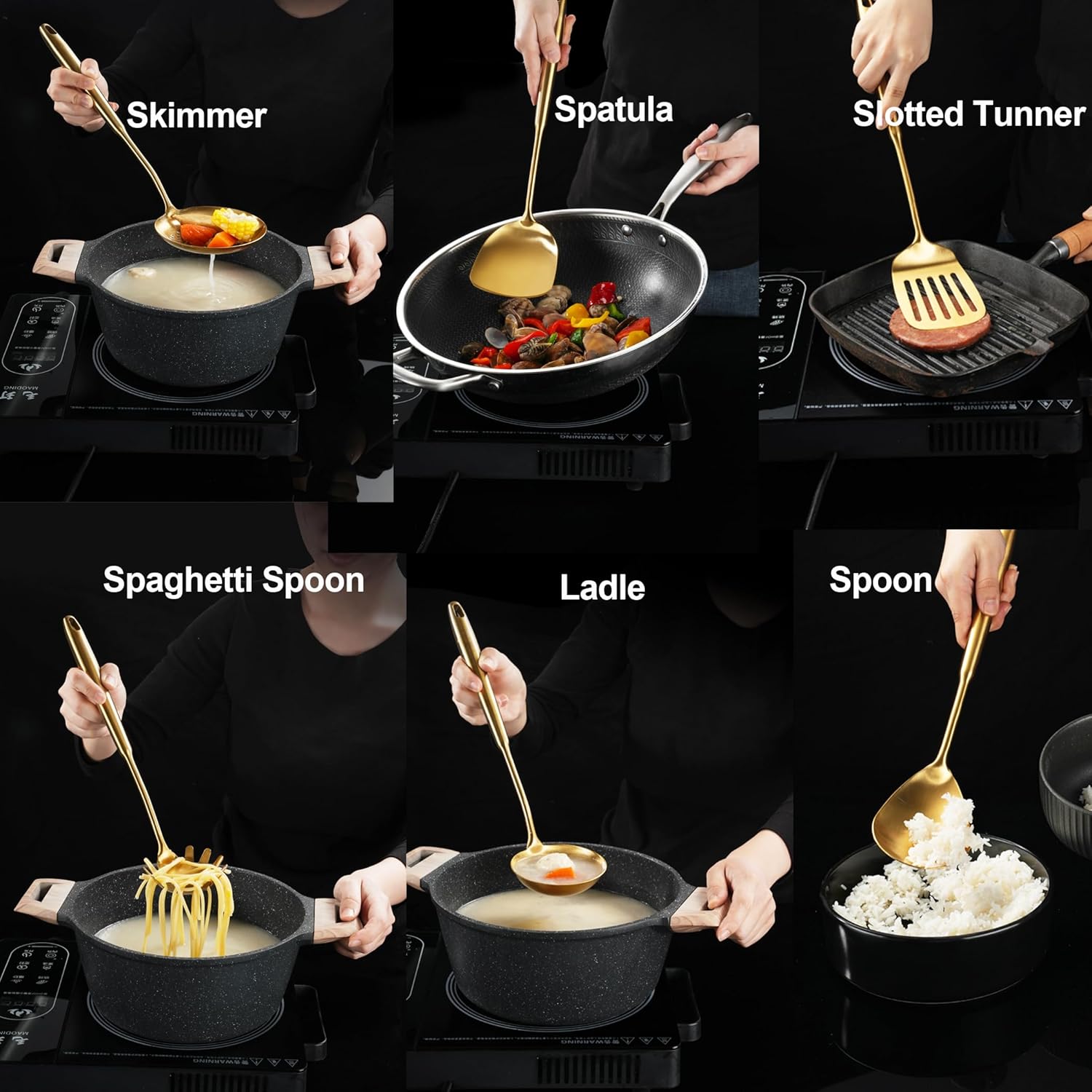 NIITAWH 9 PCS Gold Stainless Steel Cooking Utensils Set
